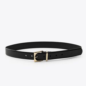 NWOT. Zara Black Leather Belt with Geometric Buckle. Size 32.